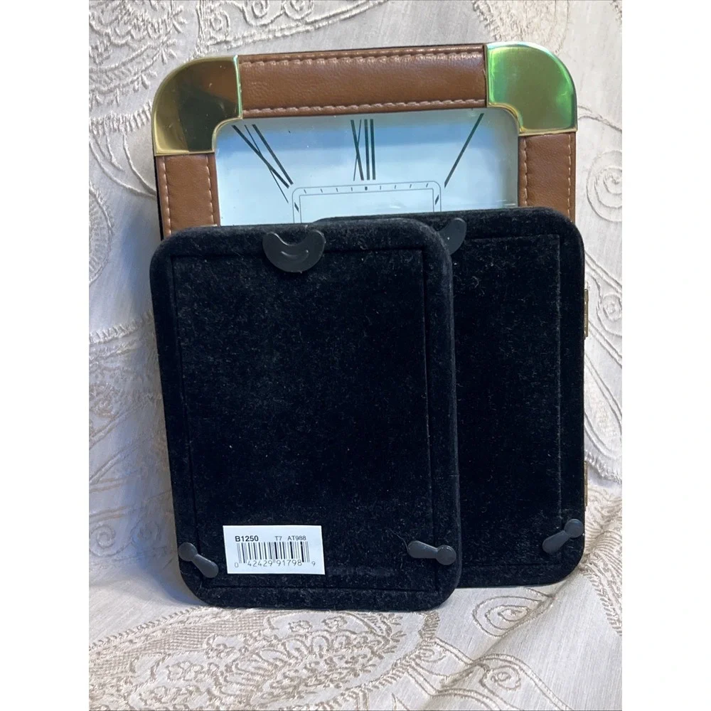 Bulova Folding Travel Clock Leather And Brass With 3 X 4.5 Photo Frames